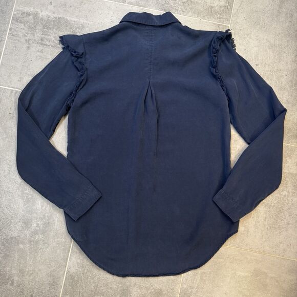 Anthropologie Cloth & Stone Frayed Ruffle Button Down Shirt - Navy - Women's XS - Picture 6 of 9